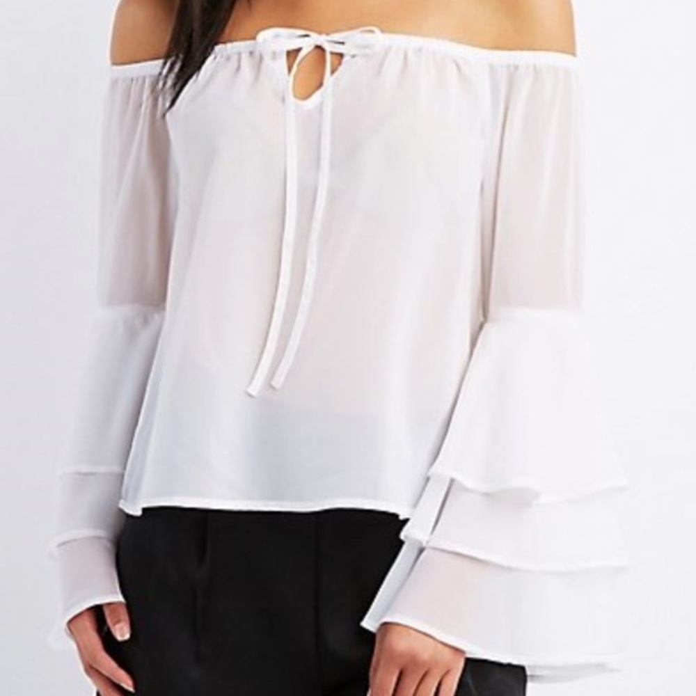 Sheer White Off The Shoulder Bell Sleeve Blouse